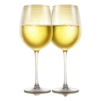 Two wine glasses filled with white wine clinking together in a toast, with soft sunlight highlighting the golden liquid and droplets of condensation on the glass sticker