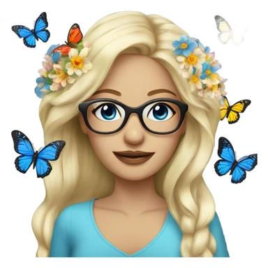 Gorgeous flowing blonde lady blue eyes with flowers and butterflies wearing glasses  sticker