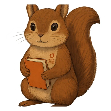 A cute brown squirrel with an orange book, studying at Siberian Federal University, looking straight ahead, full body, detailed fur, intelligent and beautiful sticker