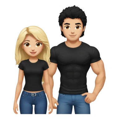 a pretty bratz guy with black hair with big muscles and shaggy hair in a tight black tee smiling standing with a girl sticker