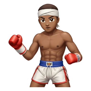 ​Cinematic Realistic Traditional Muay Thai Fighter such as Buakaw Banchamek, depicted in authentic attire featuring white bandaged gloves wrapped around his fists, a traditional headband tied neatly, and classic Muay Thai shorts, captured in a dynamic fighting stance under dramatic, high-energy lighting that highlights the raw power and elegance of the art, sticker