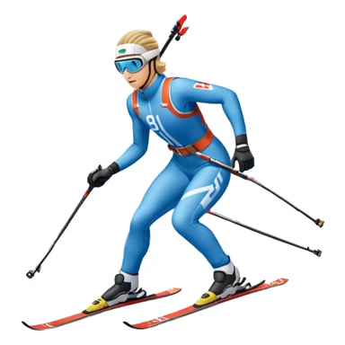 An icon featuring a biathlete in motion, holding a rifle and skiing across a snowy course. The backdrop includes snow-covered trees, distant mountains, and a clear blue sky. Transparent background highlights the precision, endurance, and excitement of biathlon. sticker