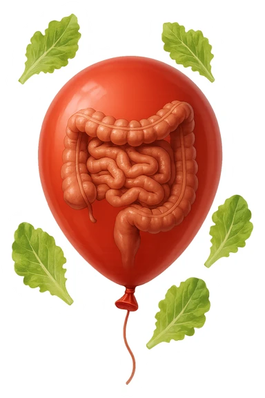 intestino chiuso in un palloncino rosso e foglie di insalata che fluttuano intorno sticker