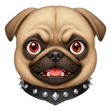 iphone style emoji of pug with fierce and funny face, red eyes, small fangs, black spiked collar, 2D bright and clean style, comic attitude sticker