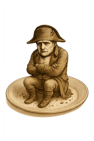 Сгенерируй мне такую же тарелку, только чтобы на ней сидел наполеон бонапарт, грустный, в чуть чуть рваной одежде. ТОРТ УБЕРИ ПОЛНОСТЬЮ. На прозрачной фоне  sticker