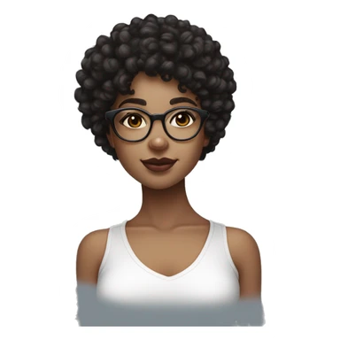 Black curly Hair girl with a white crop top on and blue eyes with natural lashes and glasses with lip gloss on her lips lightskin looking forward. sticker