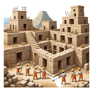 Ancient city under construction with workers using basic tools. Incomplete stone buildings, scaffolding, and a rough landscape. Simple, primitive architecture sticker