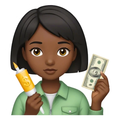 a young girl with dark skin and short black hair holding money and a glue stick in her hands sticker