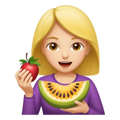 woman eating fruit sticker