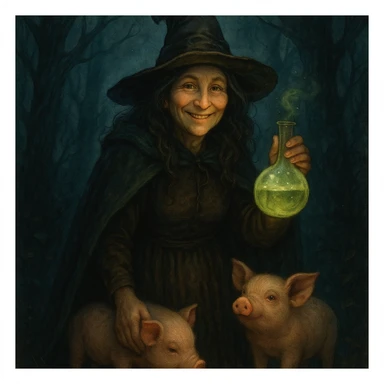 smiling witch with magical potion and pigs at her feet, mysterious atmosphere, fairy tale style sticker
