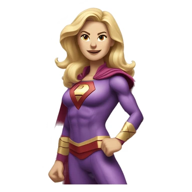 Long blond haired tall superhero woman with strong shoulders happily boldly charging into action. Her face looks like actress Annie Murphy. Her costume colors are purple and yellow. Her shoes are Hoka. The emblem on her costume is B. sticker