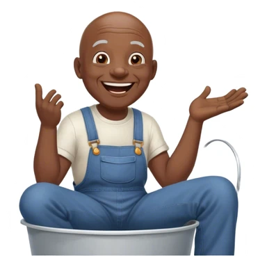 Side view Laughing telling story Old bald black man sitting on top of white bucket wearing overalls no shirt sticker