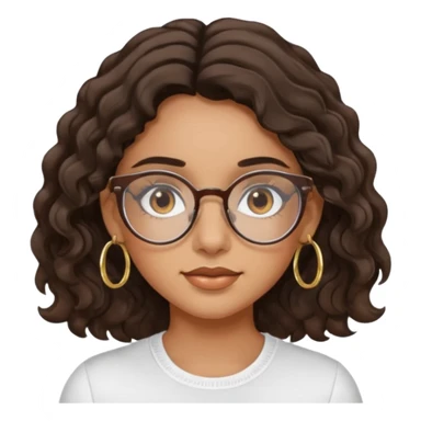 Make a girl with dark brown wavy hair and brown eyes she's tan latina and she has clear glasses and small hold hoop earings sticker