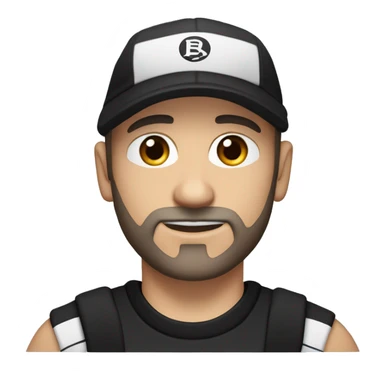 An adult white skin portrait of male with stubble and a slightly gray beard, brown hair, black eyes, wearing a black Reebok cap with a round emblem on his head, and a black sweater with three white stripes on the sleeves underneath. sticker