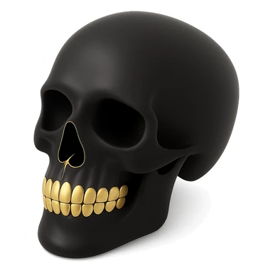 Add gold teeth to the 3d matte black skull, keep the minimalist modern aesthetic, with no background. sticker