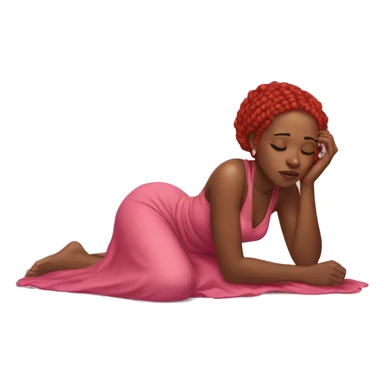 a black woman laying on the floor, with red braids hair ,crying , pink gown sticker