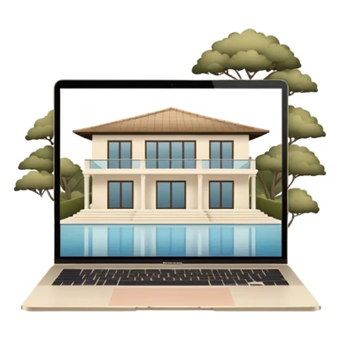 
light beige open macbook sideways with luxury villa on screensaver sticker
