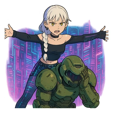  young woman with gold yellow eyes, white hair, long braid, black off-shoulder top, punk gothic style, futuristic cyberwave cyberpunk,, she is aggresively t-posing over a cowering doomguy sticker