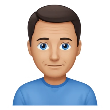 Middle aged man with tanned skin, receding dark hair and no beard, blue eyes, shy smile sticker