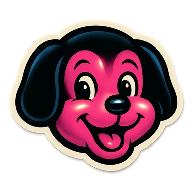 black and pink puppy face, cheerful and fun, vintage sticker look sticker