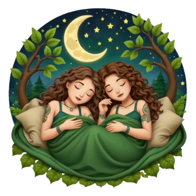 two forest alchemist women — one with long wavy brown hair and tattoos, one with short tight curly brown hair — sleeping back to back under leaf blanket crescent moon above sticker