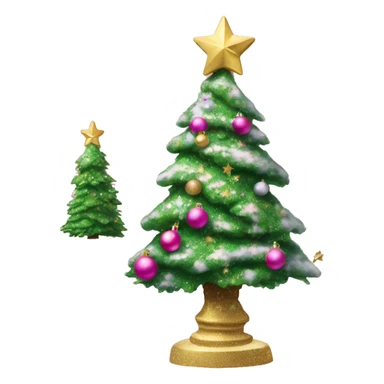 A Christmas tree with a little bit of snow on it  a big gold star and pink glittery odaments sticker