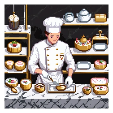 Ein eleganter Bäcker in weißer Uniform, arbeitet auf einer Marmorplatte mit Porzellanformen und goldverzierten Utensilien. Die Umgebung erinnert an eine klassische französische Patisserie. Interface wirkt wie graviertes Porzellan mit filigranen Mustern.
 sticker