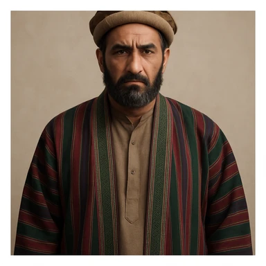 Pashtun man with a chapan coat, pakol hat, serious expression, neutral background sticker