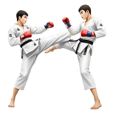 Two taekwondo fighters in traditional white doboks with black belts. One delivers a powerful kick, while the other defends by blocking with his knee. The background shows a professional arena with bright lights and an excited crowd. Transparent background highlights the intense action sticker