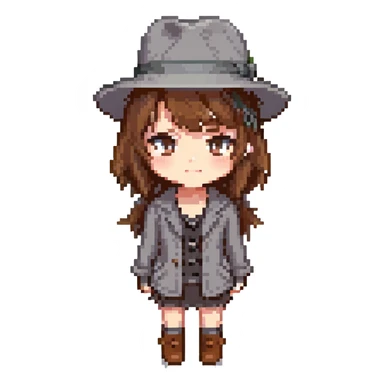 pixel art of a girl with brown hair and a grey fedora, chibi proportions sticker