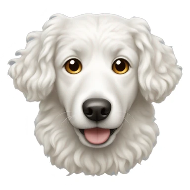 White curly dog with a light nose sticker