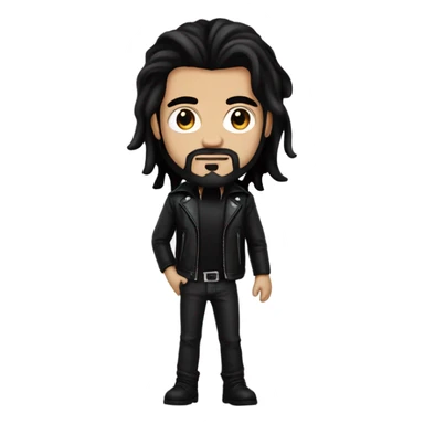 Man with long black hair, black goatee, square jawline, eyeliner, black leather jacket, black pants, black shirt and pentacle necklace sticker