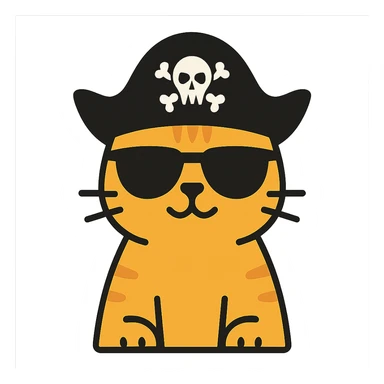 flat toon style cat wearing sunglasses and a pirate hat sticker