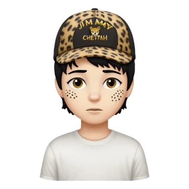 Boy with black hair and a cap that has the phrase #jimmy written on it with cheetah print texture, and white shirt emoji emo sticker