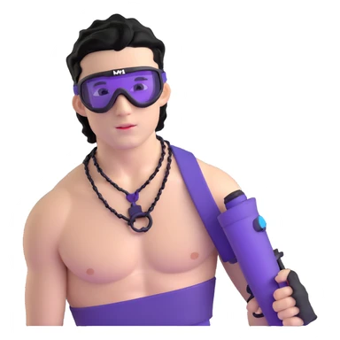 shirtless male athlete with white skin and moderately curly black hair on top with shaved sides, wearing purple ski goggles with black tinted lenses, and a simple plain black chain necklace, no earrings sticker