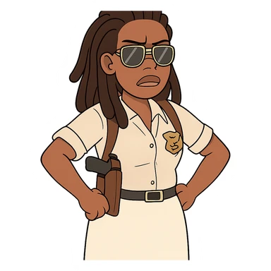black detective with dreads, aviator sunglasses, white skirt, shoulder holster, cartoon style, hands on hips sticker