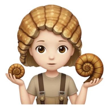 Shelly has a small, chibi-style body with a large ammonite-shaped head that looks like a beige fossil shell. One side of her head has a dark opening, making it clear she isn’t human. Her face is simple and soft, with big round eyes. She wears a brown suspender outfit over a lighter shirt sticker