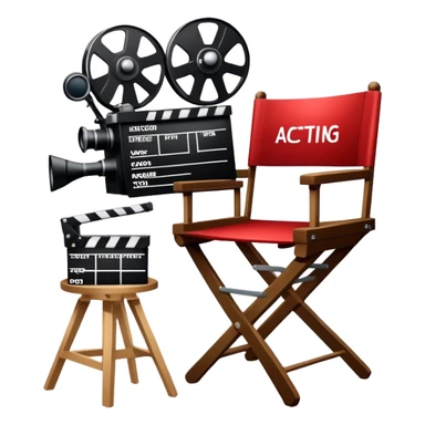 Icon for Acting: a theatrical mask, stage lights, a director’s chair, a script, a movie camera and a clapperboard, representing the craft of acting in theater and film. Famous actor-star. The design should reflect creativity, performance, and storytelling. Transparent background. sticker