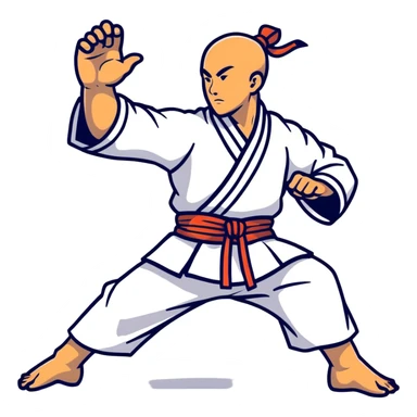 Martial artist in dynamic kung fu pose, wearing traditional loose outfit with sash sticker