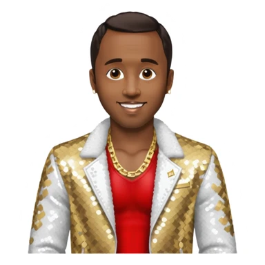 P. Diddy with dark brown hair, white sequin jacket, shirtless with necklace sticker