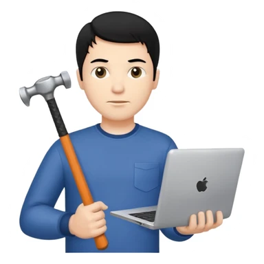 White man with black hair holding a laptop computer in one hand and a hammer in the other hand  sticker