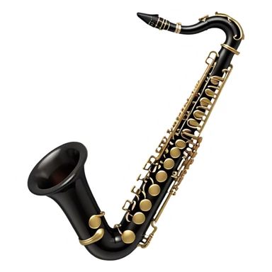 Create a detailed and unique emoji representing a black clarinet with a saxophone-style mouthpiece. The design should feature the sleek, dark wood finish of the clarinet, with its shiny metal keys clearly visible, but at the top, include the large, curved mouthpiece typical of a saxophone. The mouthpiece should have a reed, similar to the one used in a saxophone, with subtle details to indicate its function. Use dark wood tones for the body of the instrument and silver or brass accents for the keys. Add small musical notes or soundwaves around the instrument to evoke its smooth, melodic sound. The background should be transparent sticker