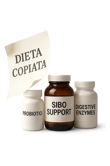 FOGLIO DI CARTA FLUTTUA IN ARIA CON LA SCRITTA "DIETA COPIATA", INSIEME A BARATTOLI DI INTEGRATORI PER CURARE IL SIBO IN ITALIANO, IPERREALISTICO 4K, NON DISEGNATO sticker