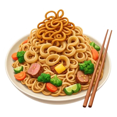Cinematic Realistic Mie Goreng Dish Emoji, featuring stir‚Äêfried noodles with vegetables and meat rendered with dynamic textures and warm, appetizing lighting. sticker