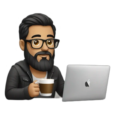 Designer with black hair, beard and glasses working with MacBook and drinking cappuccino  sticker