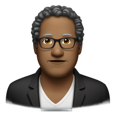 55 year old man overweight curly thinning hair white wearing black dress shirt black rim square glasses  sticker