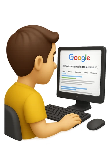 emoji stile iphone di un uomo davanti al pc che cerca di google: "Il miglior magnesio per la stipsi", iperrealistico 4k sticker