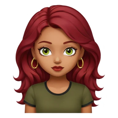 a pretty FAIR indian bratz girl with wavy dark red hair, wearing a black tee. eyeliner on, olive green eyes.  sticker