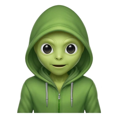 green alien in gray hoodie full height, wear hoodie hat, happy sticker