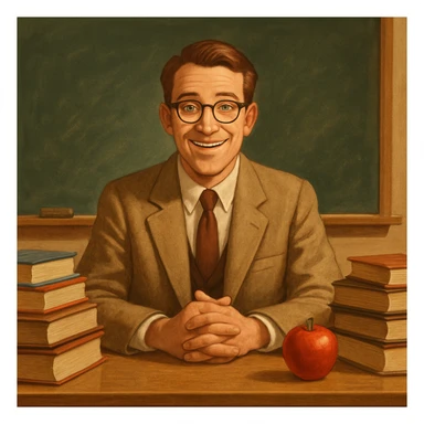 A teacher character at a desk, surrounded by books and an apple, welcoming expression, classic school vibe. sticker